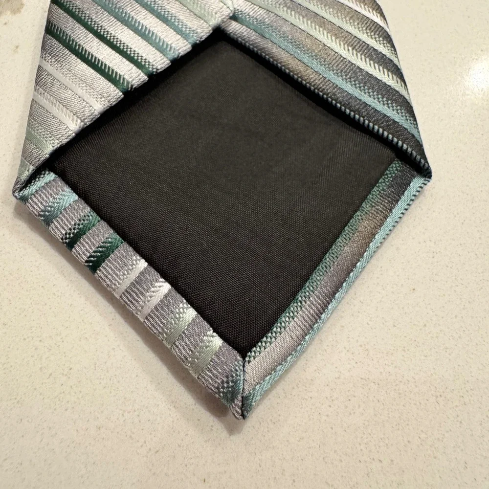 Van Heusen Mens Necktie Grey Green White Diagonal Striped Microfiber Tie